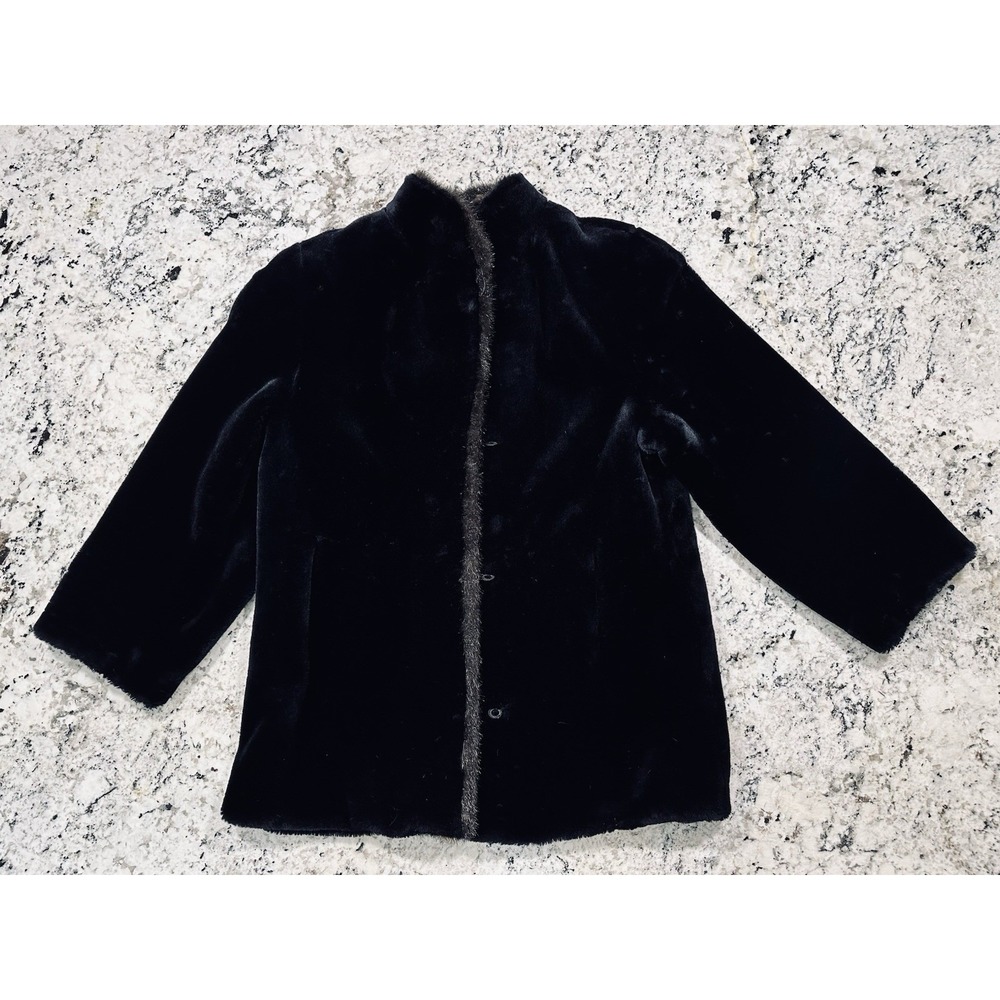 VTG Style VI Ltd Coat Black Faux Fur Long Sleeve Button Up Women Medium Made USA